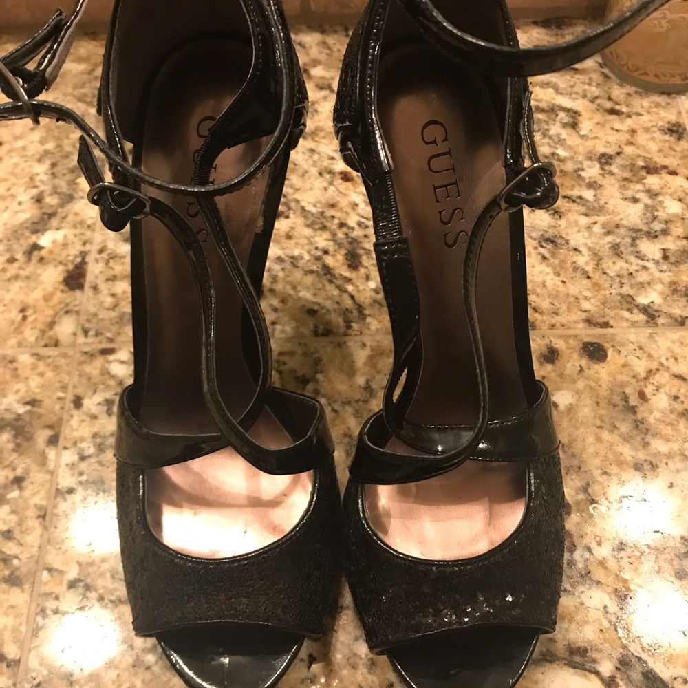 Guess Strappy Black Sequin Peep Toe Heels
